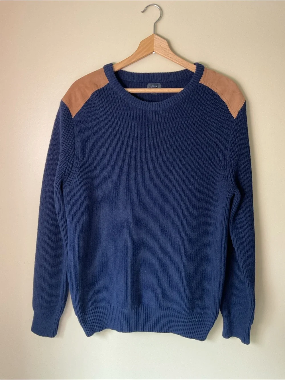 J. Crew Woodsman Navy Sweater with Brown Cotton Sueded Shoulder Patches Size L
